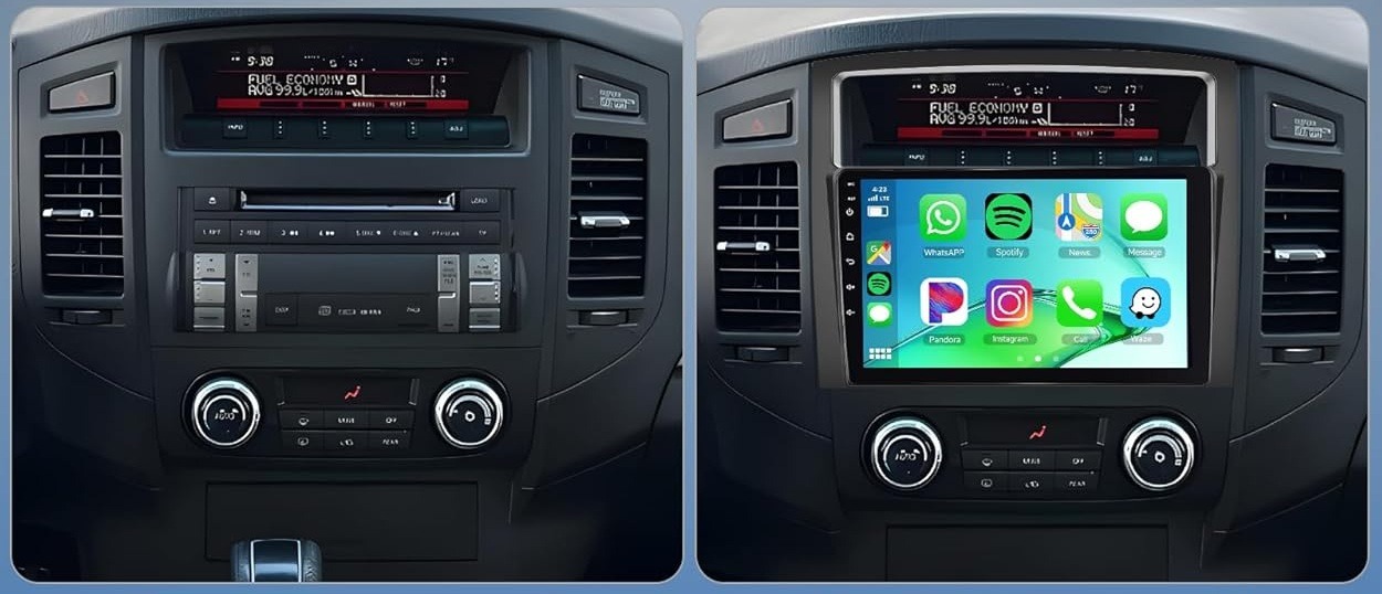 Mitsubishi Pajero 4 2006–2014 gyári rádió és Android érintőkijelzős multimédia beszerelés előtte és utána állapot