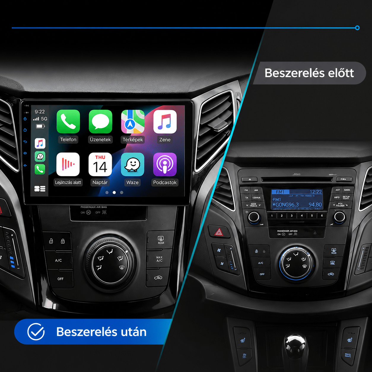 Hyundai i40 2011-2019 gyári rádió és Android multimédia összehasonlítása beszerelés előtt és után.
